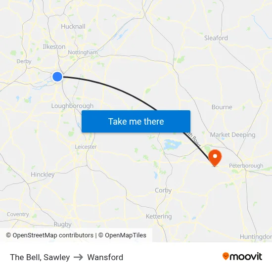 The Bell, Sawley to Wansford map