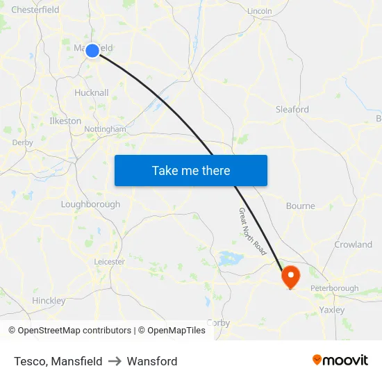 Tesco, Mansfield to Wansford map