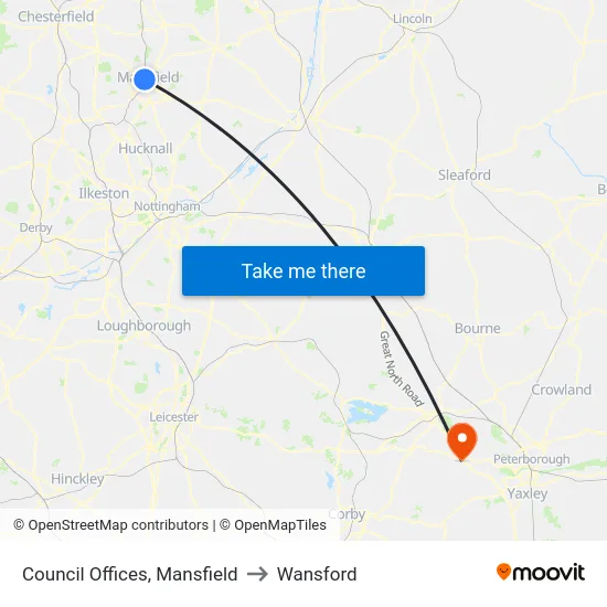Council Offices, Mansfield to Wansford map