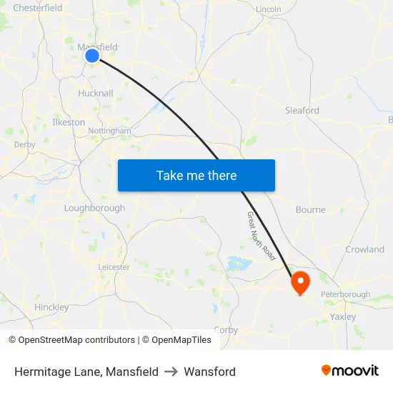 Hermitage Lane, Mansfield to Wansford map