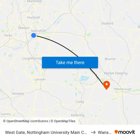 West Gate, Nottingham University Main Campus (Un01) to Wansford map