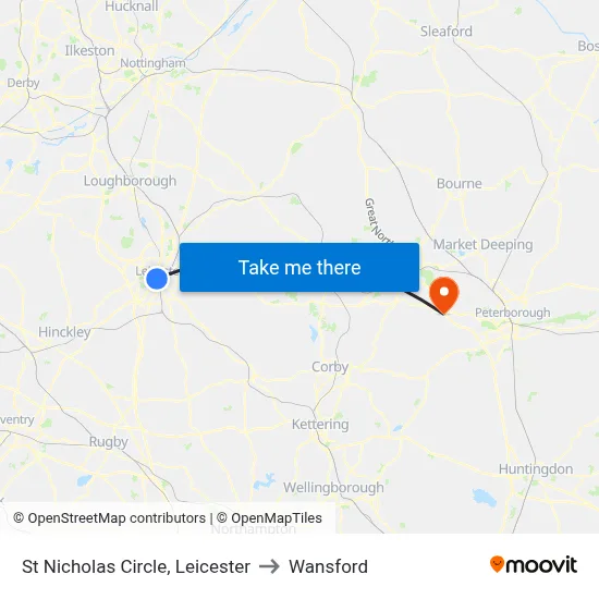 St Nicholas Circle, Leicester to Wansford map