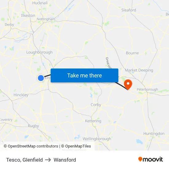Tesco, Glenfield to Wansford map