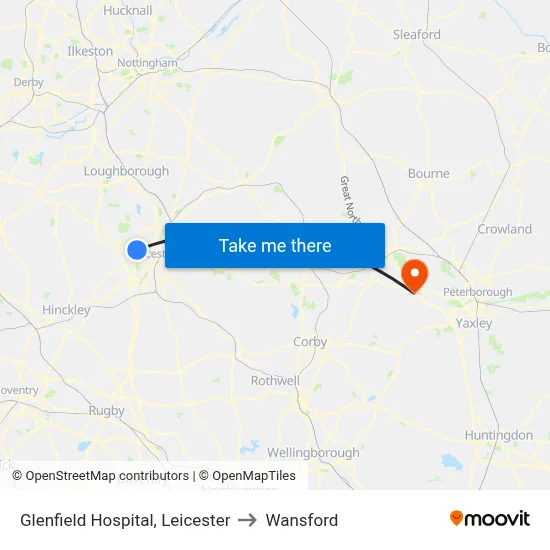 Glenfield Hospital, Leicester to Wansford map