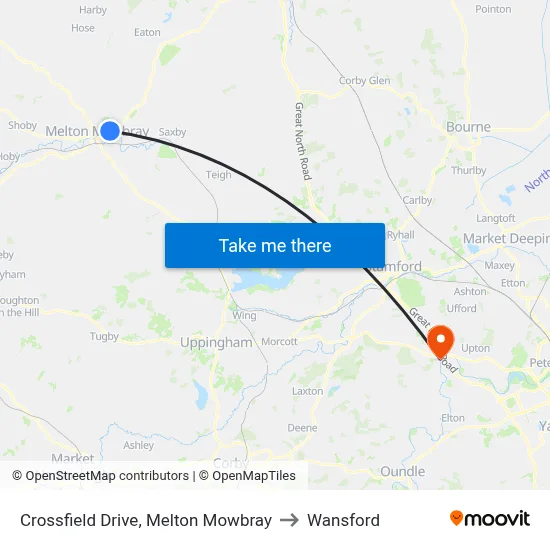 Crossfield Drive, Melton Mowbray to Wansford map