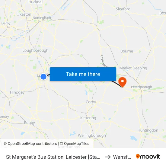 St Margaret's Bus Station, Leicester [Stand Sc] to Wansford map