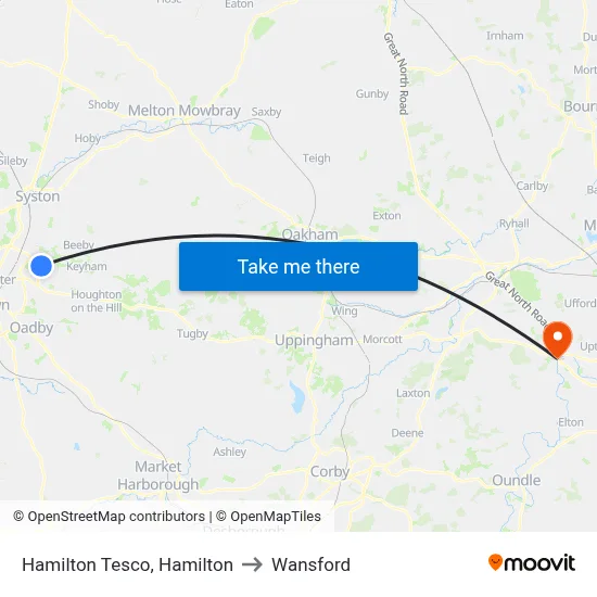 Hamilton Tesco, Hamilton to Wansford map