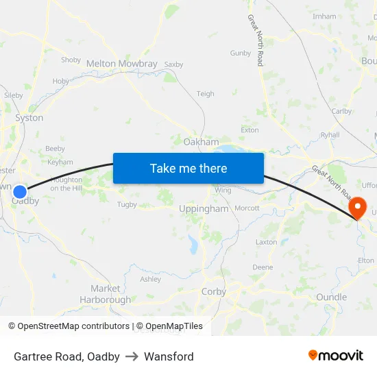 Gartree Road, Oadby to Wansford map