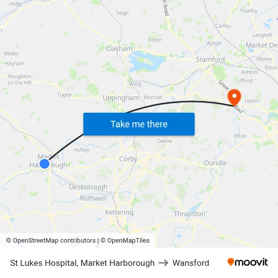 St Lukes Hospital, Market Harborough to Wansford map