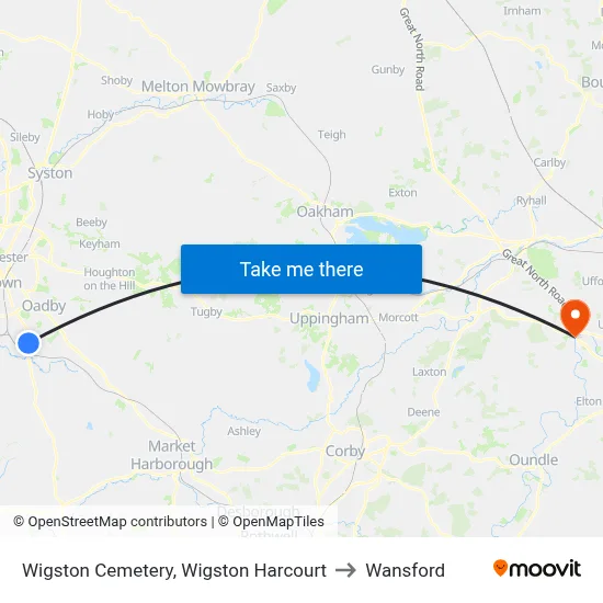 Wigston Cemetery, Wigston Harcourt to Wansford map