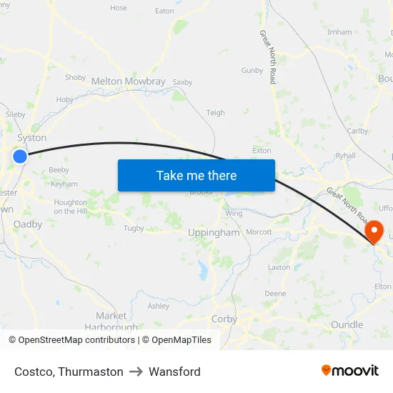 Costco, Thurmaston to Wansford map