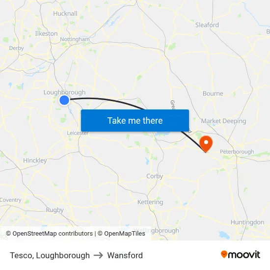 Tesco, Loughborough to Wansford map