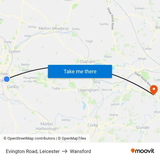 Evington Road, Leicester to Wansford map