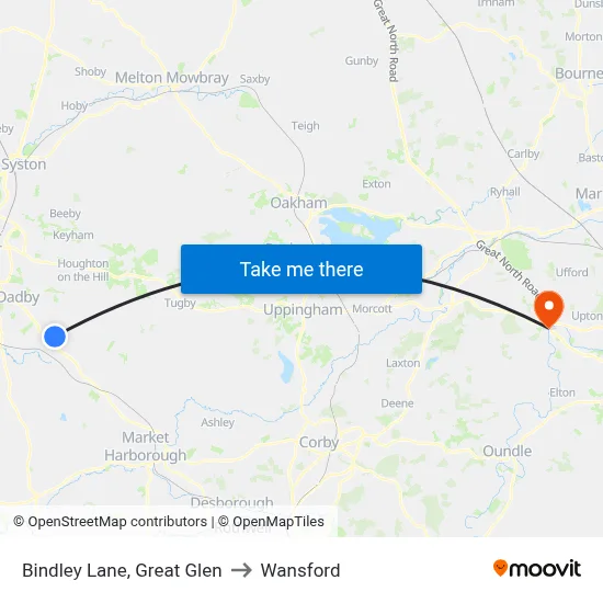 Bindley Lane, Great Glen to Wansford map