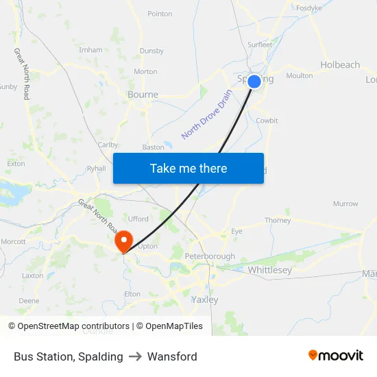 Bus Station, Spalding to Wansford map