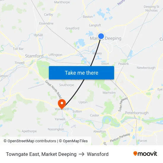 Towngate East, Market Deeping to Wansford map