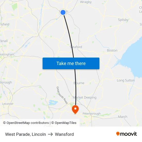West Parade, Lincoln to Wansford map