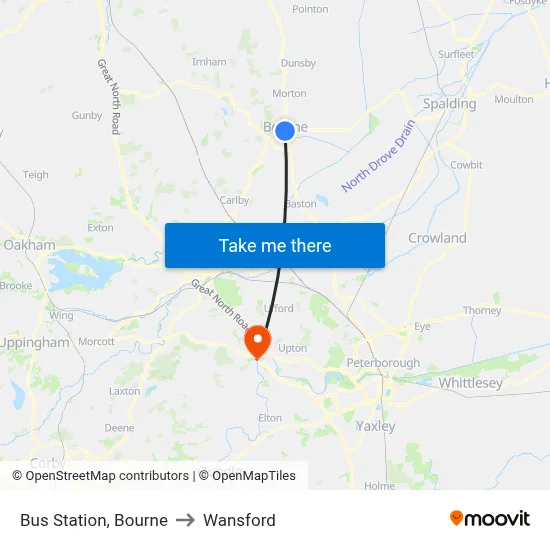 Bus Station, Bourne to Wansford map