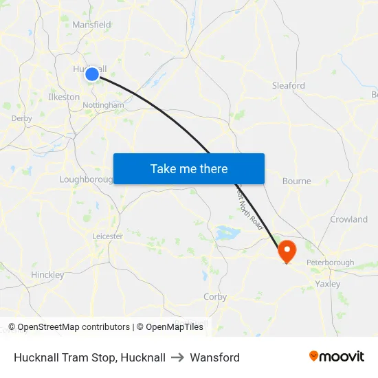 Hucknall Tram Stop, Hucknall to Wansford map