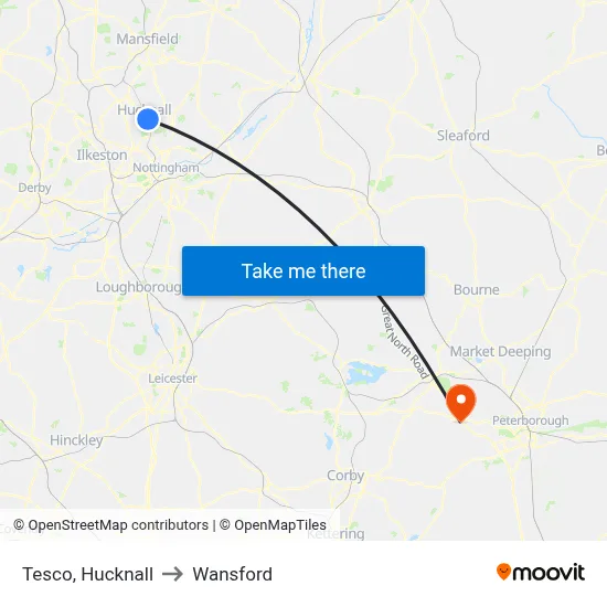 Tesco, Hucknall to Wansford map