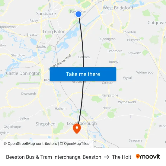 Beeston Bus & Tram Interchange, Beeston to The Holt map