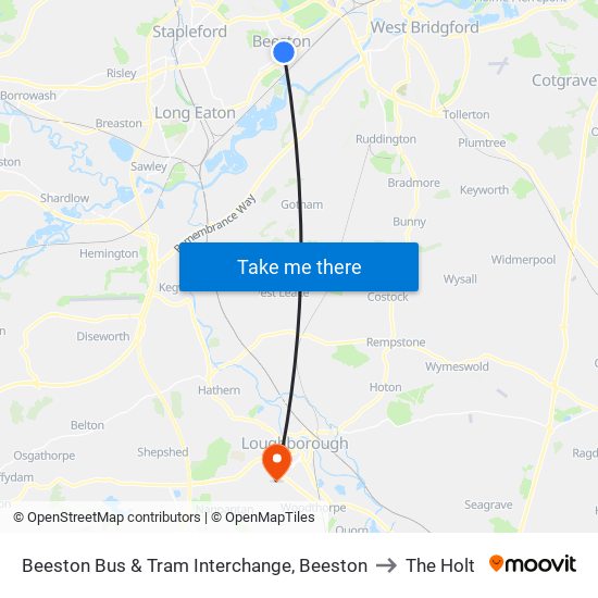 Beeston Bus & Tram Interchange, Beeston to The Holt map
