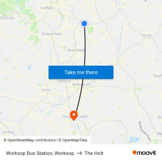 Worksop Bus Station, Worksop to The Holt map