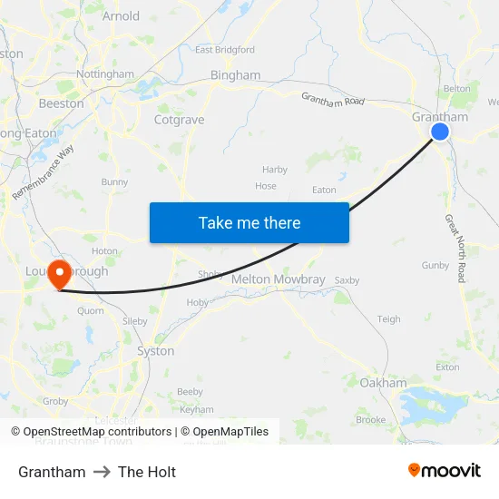 Grantham to The Holt map