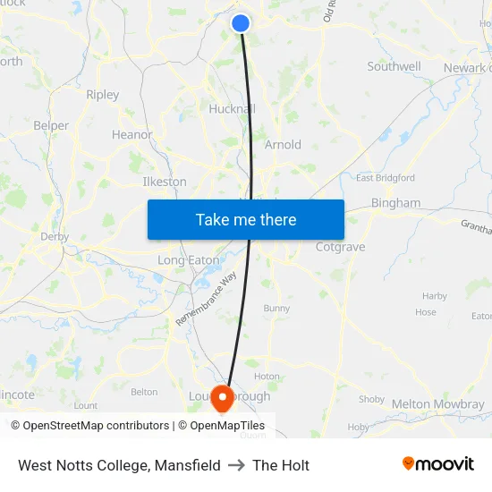 West Notts College, Mansfield to The Holt map