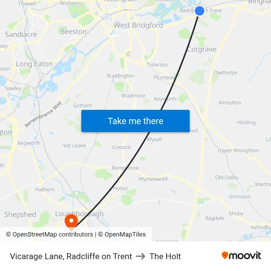 Vicarage Lane, Radcliffe on Trent to The Holt map