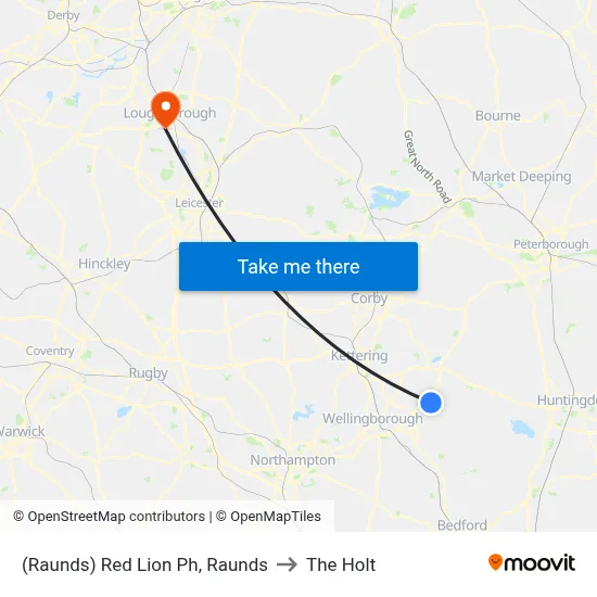 (Raunds) Red Lion Ph, Raunds to The Holt map