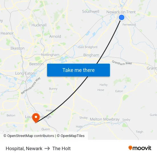 Hospital, Newark to The Holt map