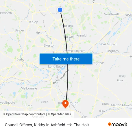 Council Offices, Kirkby In Ashfield to The Holt map