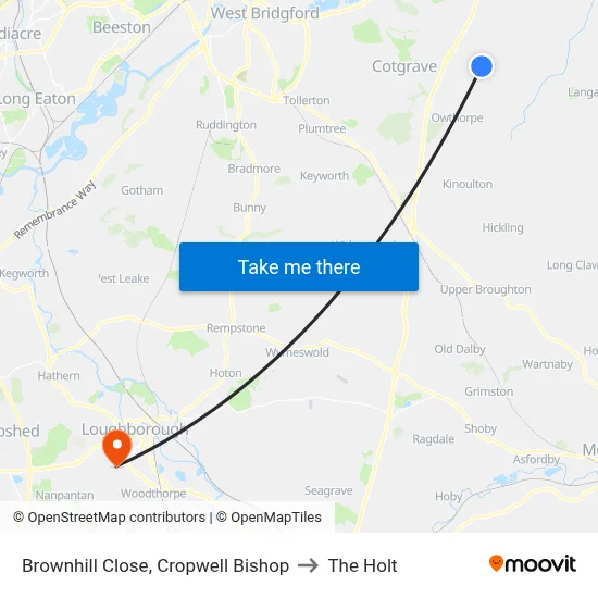 Brownhill Close, Cropwell Bishop to The Holt map