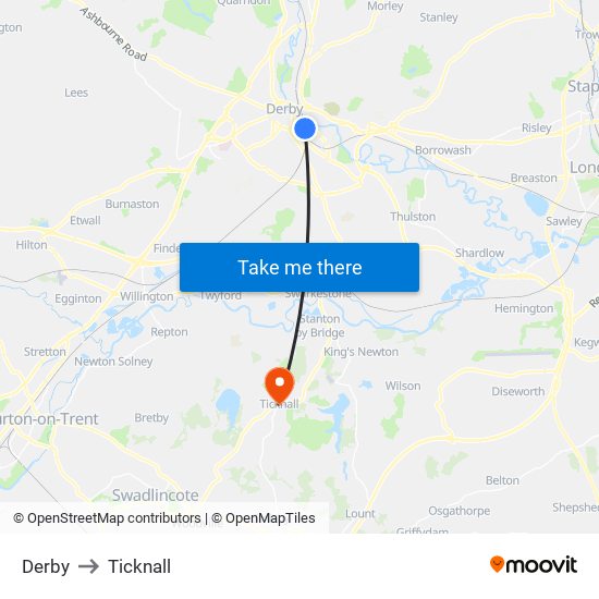 Derby to Ticknall map