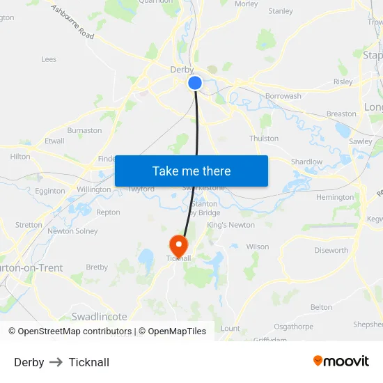 Derby to Ticknall map