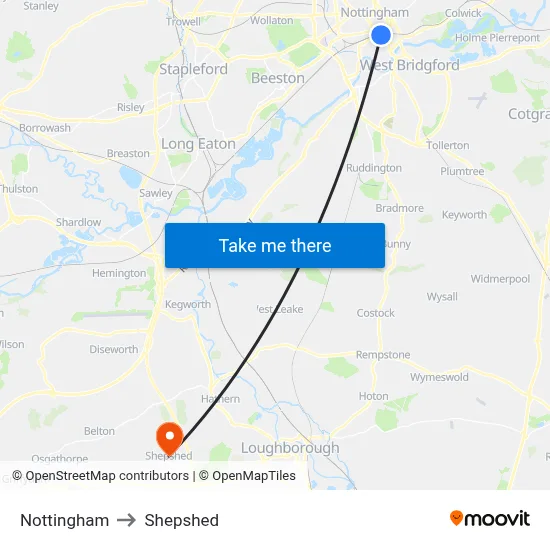Nottingham to Shepshed map