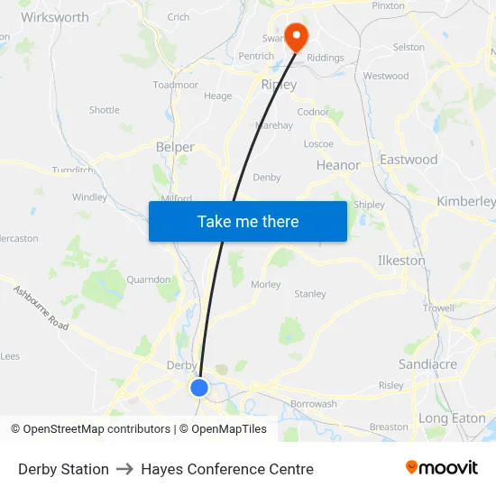 Derby Station to Hayes Conference Centre map