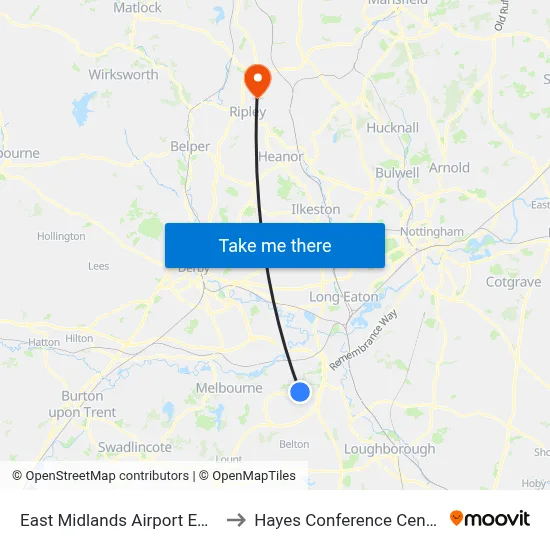 East Midlands Airport EMA to Hayes Conference Centre map
