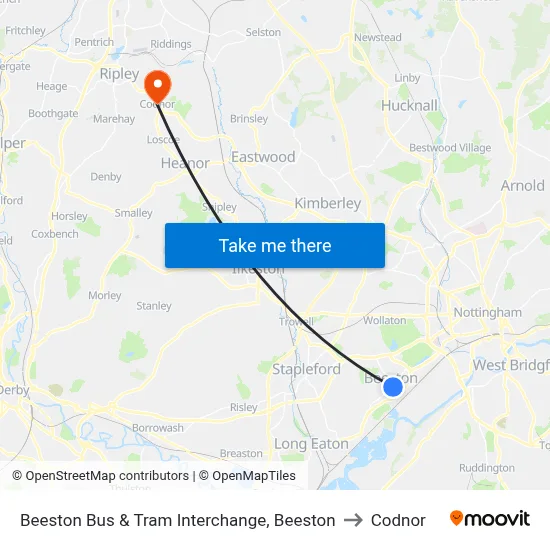 Beeston Bus & Tram Interchange, Beeston to Codnor map