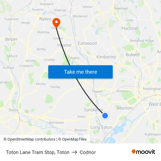 Toton Lane Tram Stop, Toton to Codnor map