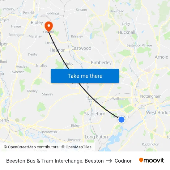 Beeston Bus & Tram Interchange, Beeston to Codnor map