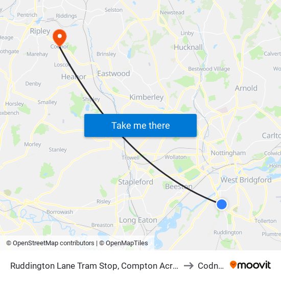 Ruddington Lane Tram Stop, Compton Acres to Codnor map