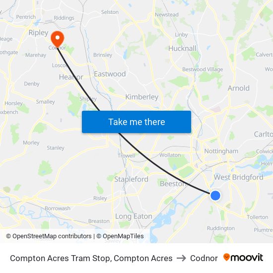 Compton Acres Tram Stop, Compton Acres to Codnor map