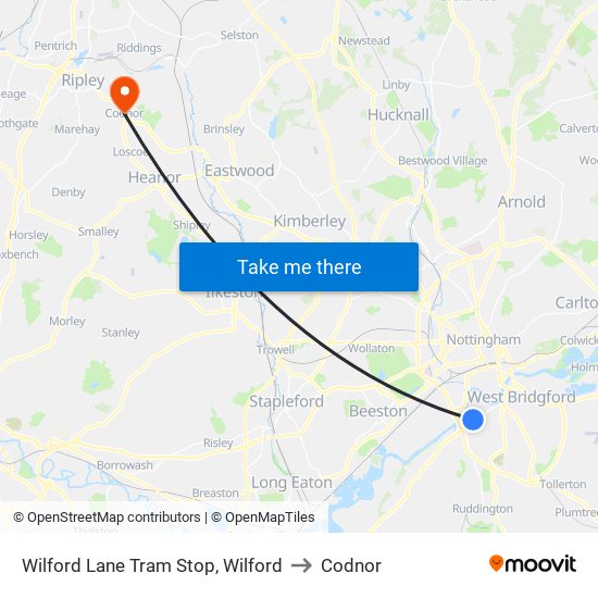 Wilford Lane Tram Stop, Wilford to Codnor map