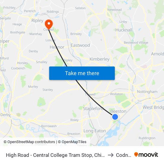 High Road - Central College Tram Stop, Chilwell to Codnor map