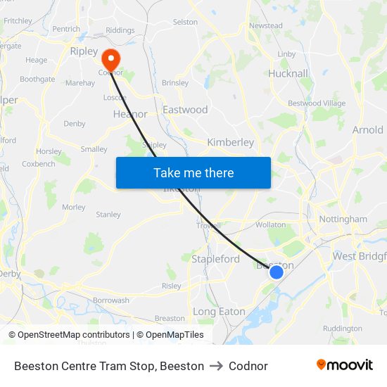 Beeston Centre Tram Stop, Beeston to Codnor map