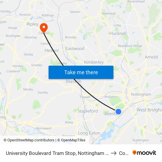 University Boulevard Tram Stop, Nottingham University Main Campus to Codnor map