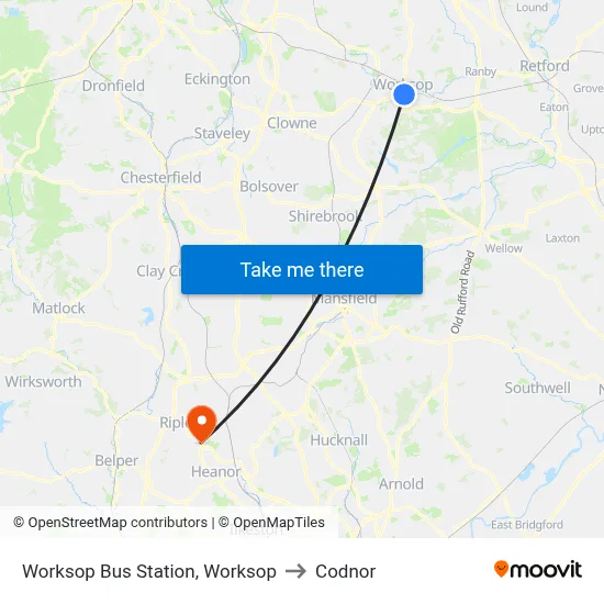 Worksop Bus Station, Worksop to Codnor map