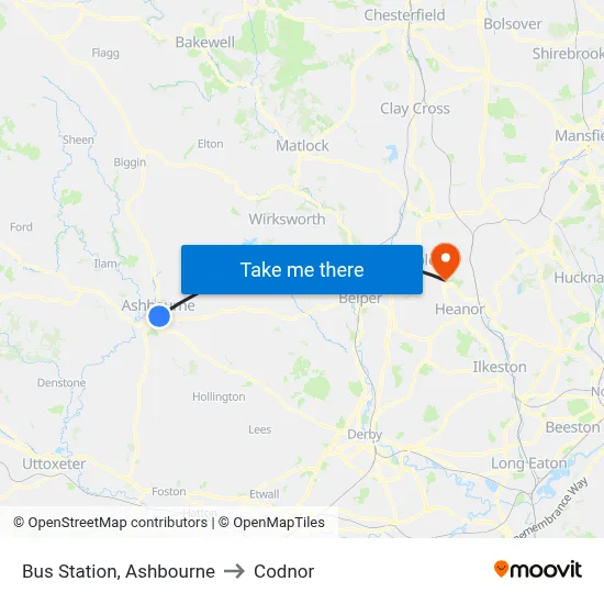 Bus Station, Ashbourne to Codnor map